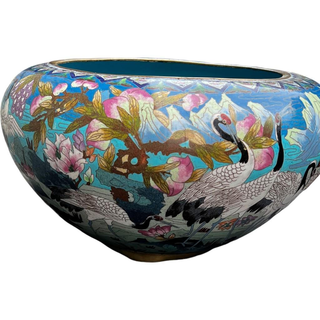 Gorgeous Clonnoise Enamel Large Centerpiece Bowl Cache Pot with Crane and Floral Motif, Vintage