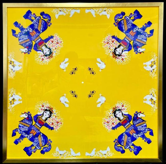 Nasser Ovissi Design on Silk Scarf in Giltwood Frame, Yellow Scarf with Ladies and Horses