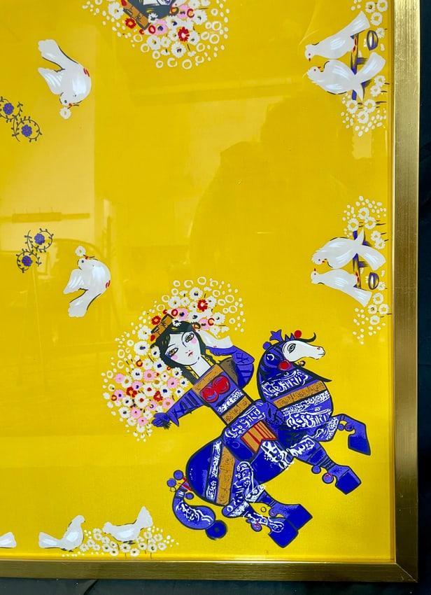 Nasser Ovissi Design on Silk Scarf in Giltwood Frame, Yellow Scarf with Ladies and Horses