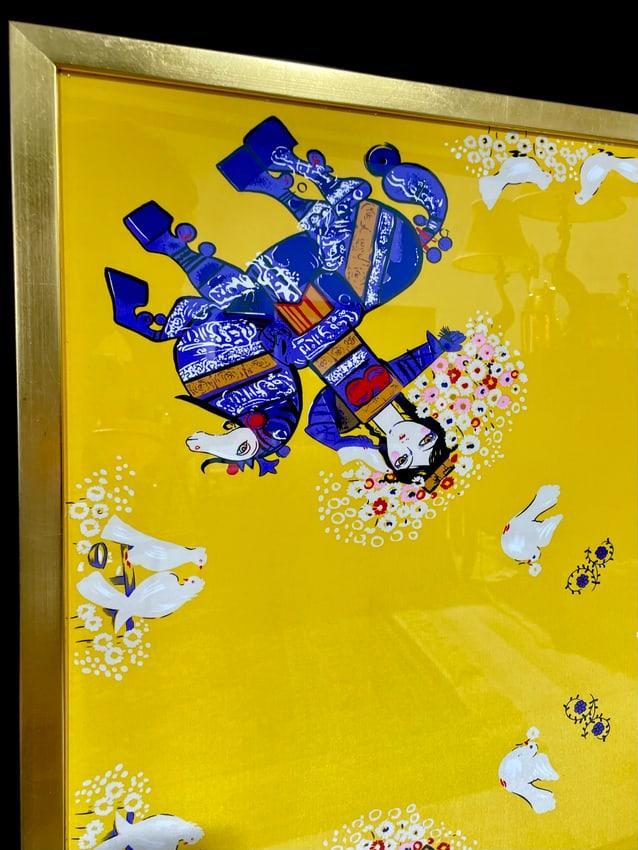 Nasser Ovissi Design on Silk Scarf in Giltwood Frame, Yellow Scarf with Ladies and Horses