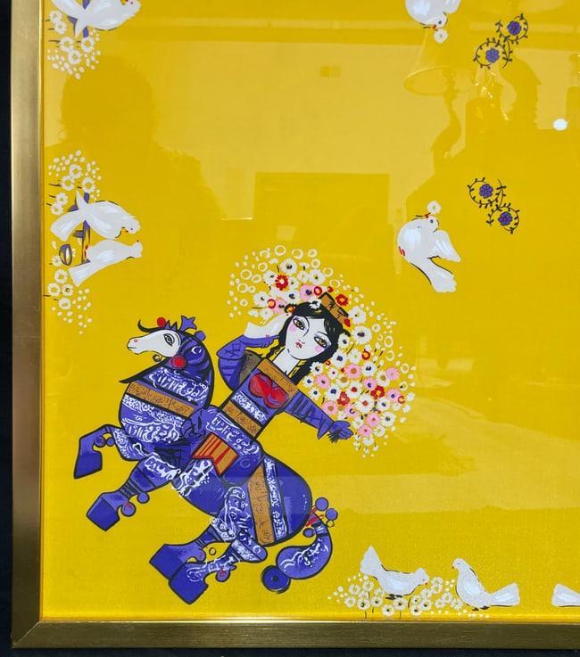 Nasser Ovissi Design on Silk Scarf in Giltwood Frame, Yellow Scarf with Ladies and Horses