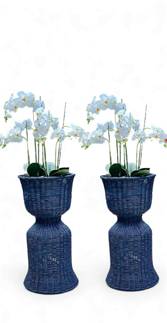 Chic Pair of Navy Blue Wicker Plant Stands