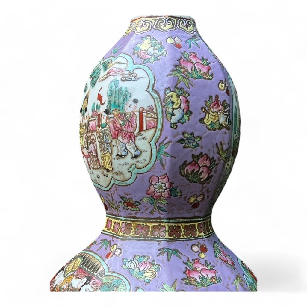 Antique Hand-Painted Chinese Famille Rose Porcelain Gourd Shape Violet Vase, Signed