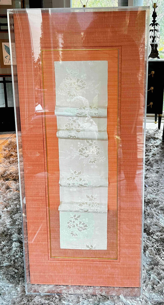 Custom Acrylic Shadow Box with Antique Chinese Silk Fabric, Peach Matted Frame