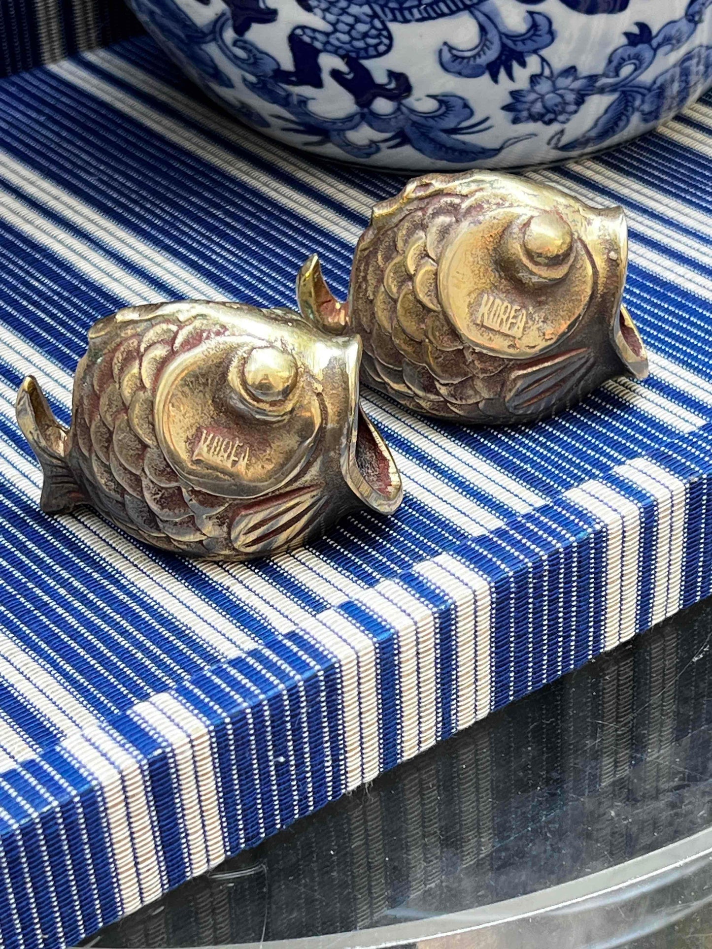 Serena & Lily style blue white coastal stripe fabric covered serving tray brass handles