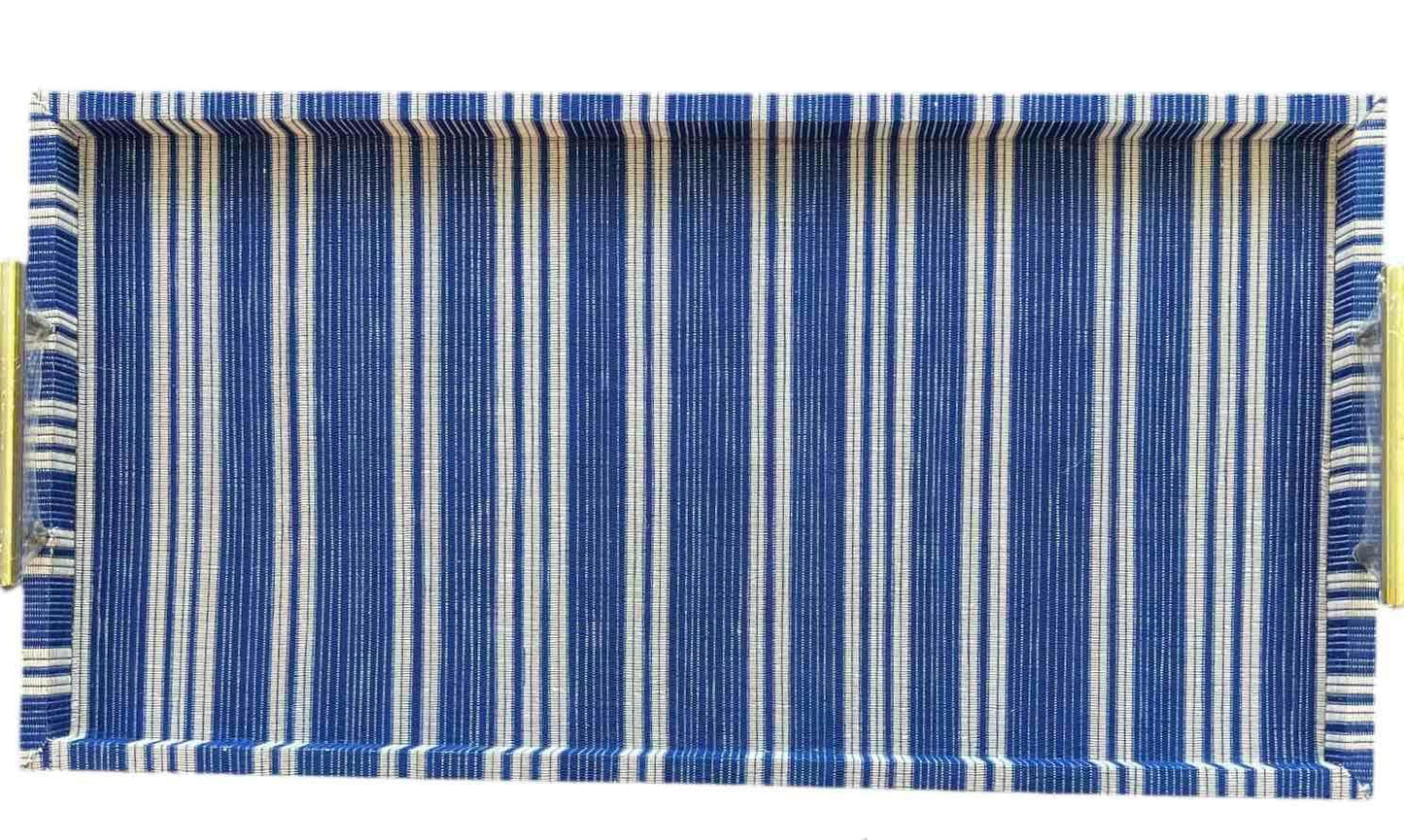 Serena & Lily style blue white coastal stripe fabric covered serving tray brass handles