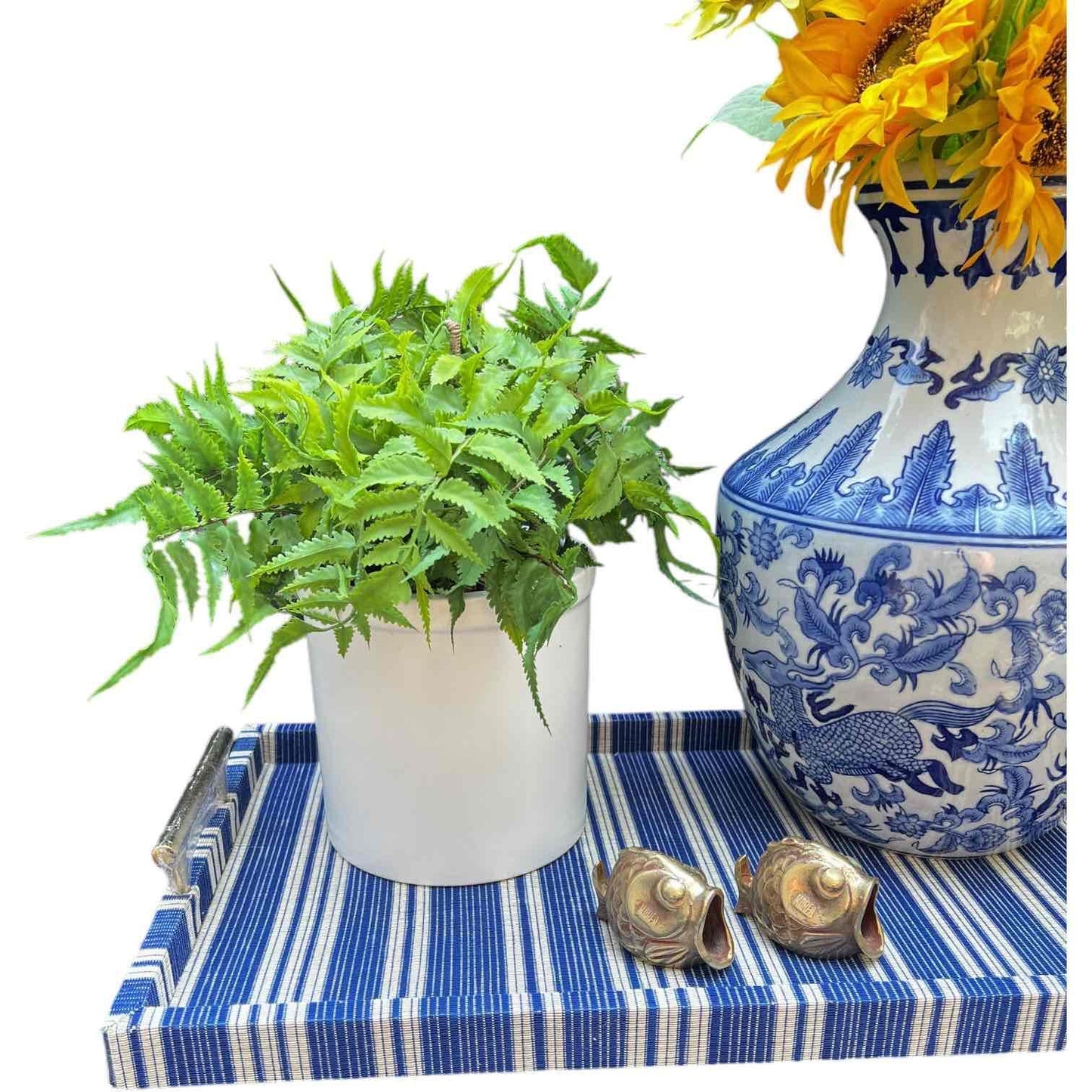 Serena & Lily style blue white coastal stripe fabric covered serving tray brass handles