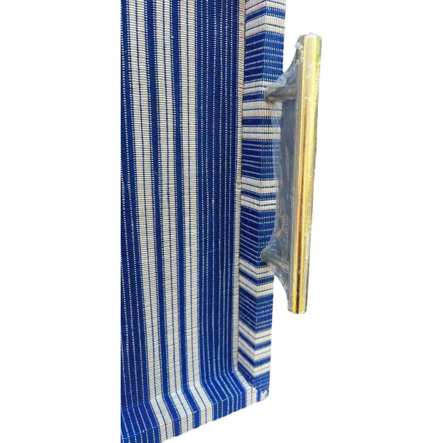 Serena & Lily style blue white coastal stripe fabric covered serving tray brass handles