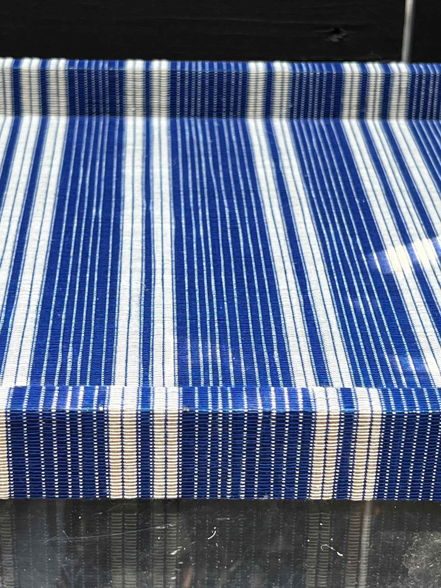 Serena & Lily style blue white coastal stripe fabric covered serving tray brass handles