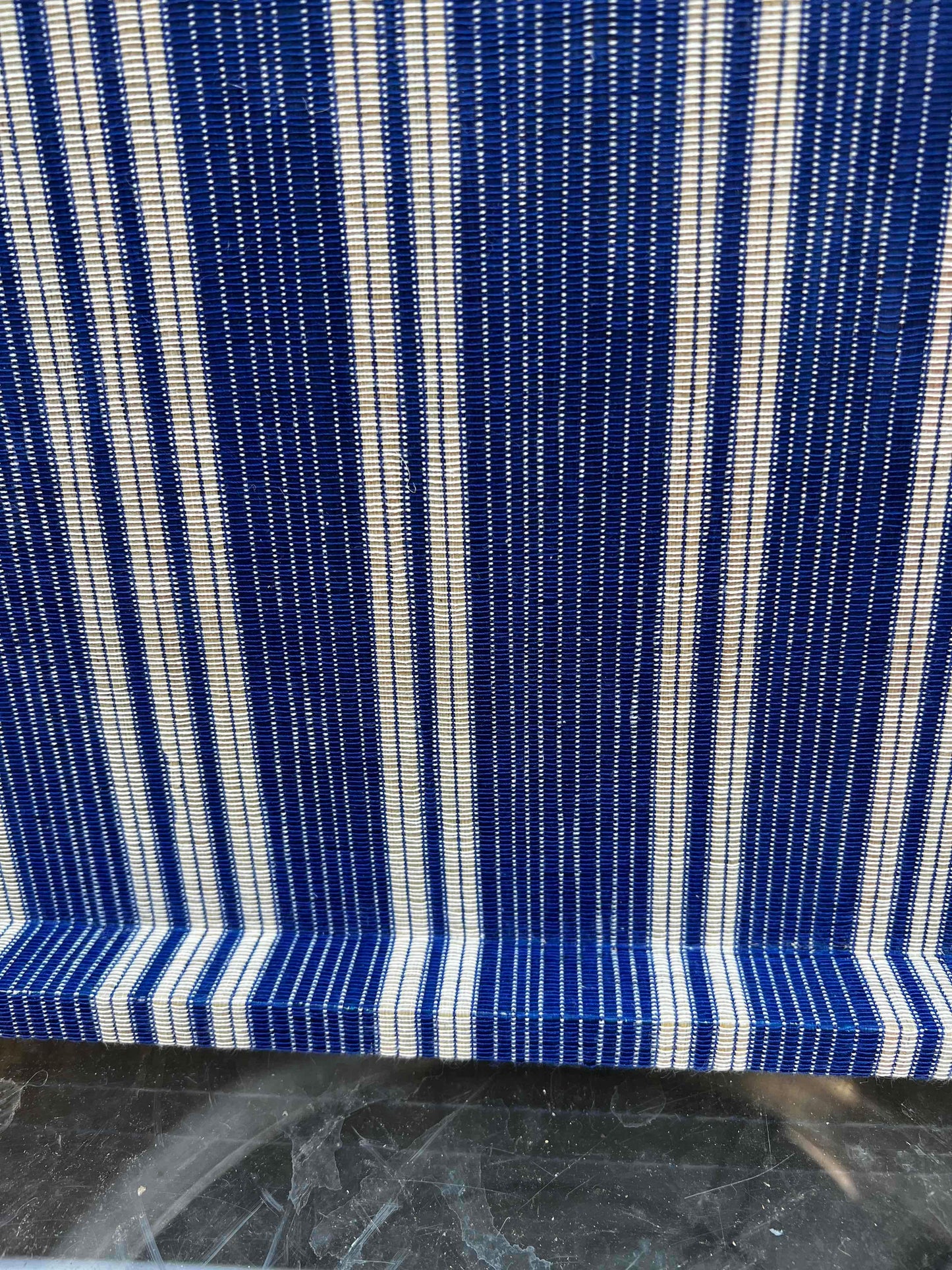 Serena & Lily style blue white coastal stripe fabric covered serving tray brass handles