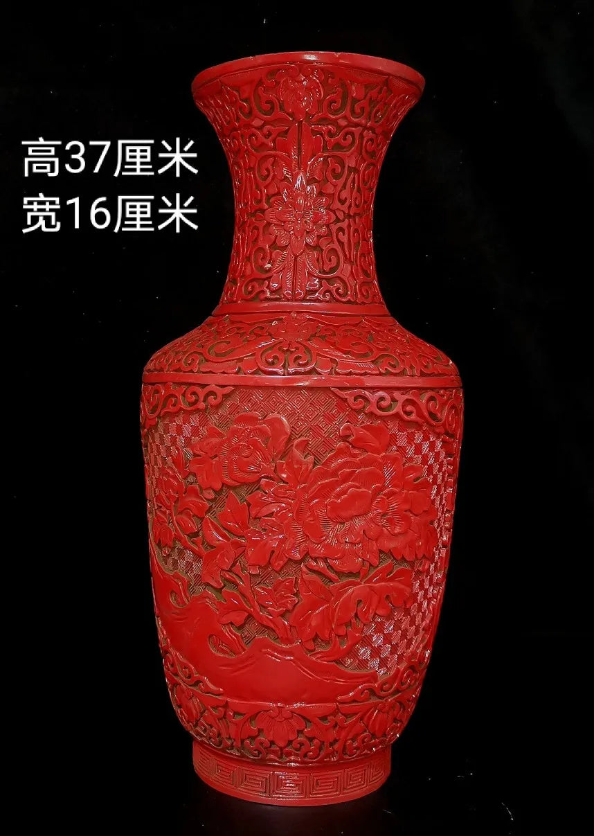 14.5" Pair Vintage China'S Qing Dynasty Red Lacquerware Porcelain Vases, W/ Flower Window Lattice Carved Pattern Design