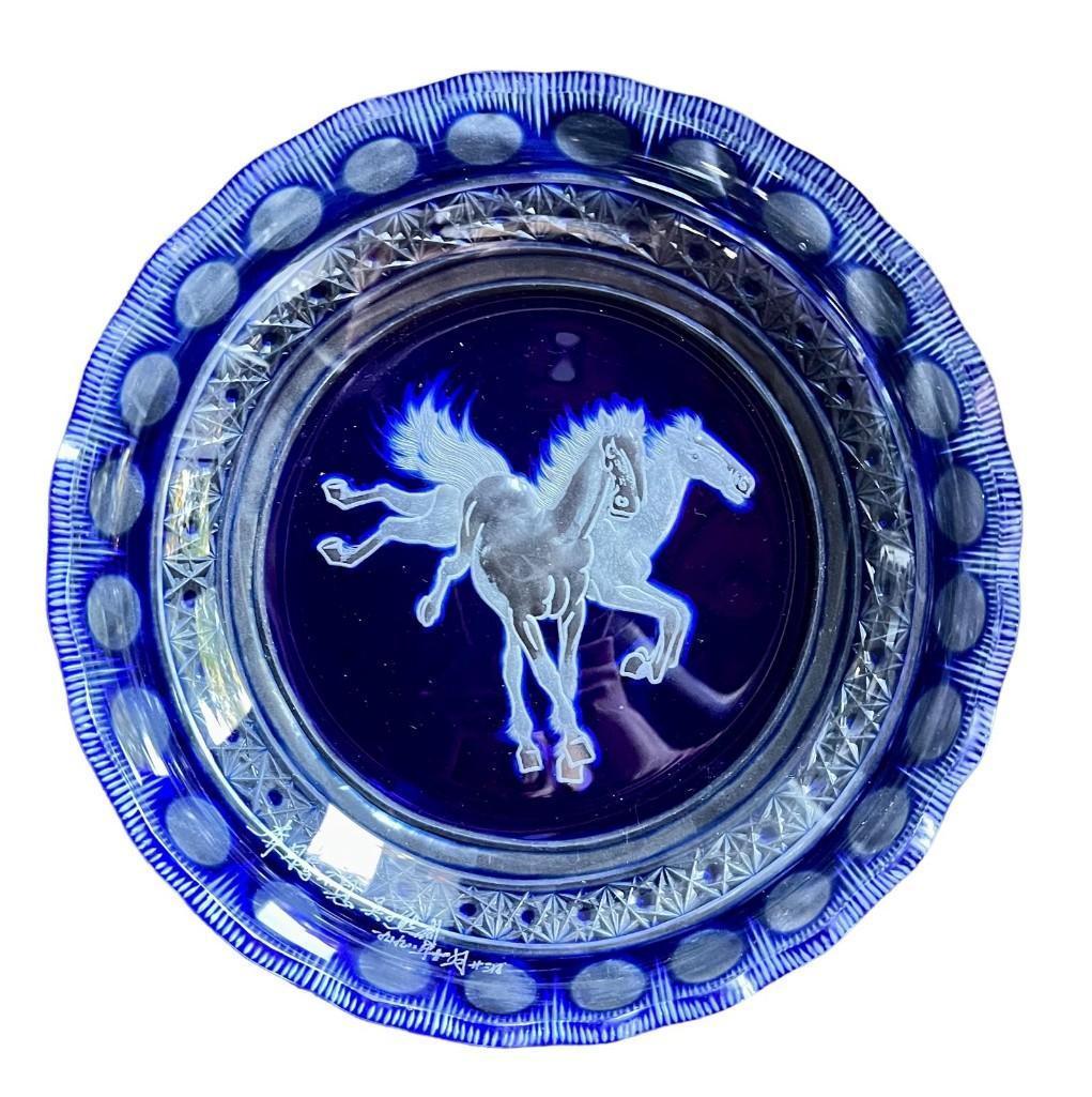 Bohemian Cobalt Blue Cut To Clear Round Display Plate with Horse Etching, Decorative Plate