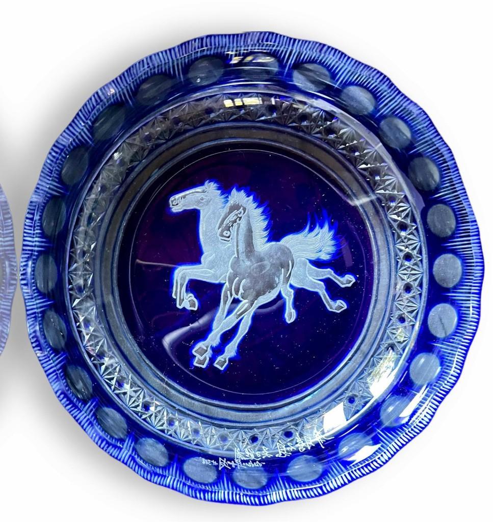 Bohemian Cobalt Blue Cut To Clear Round Display Plate with Horse Etching, Decorative Plate