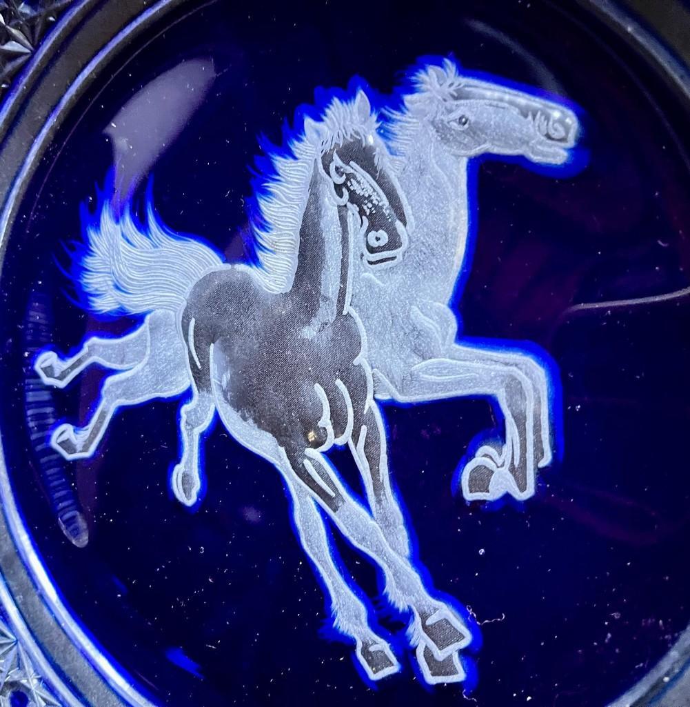 Bohemian Cobalt Blue Cut To Clear Round Display Plate with Horse Etching, Decorative Plate