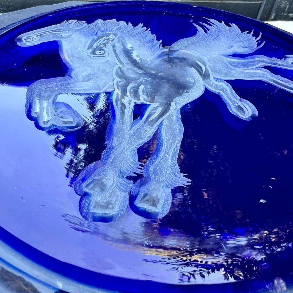 Bohemian Cobalt Blue Cut To Clear Round Display Plate with Horse Etching, Decorative Plate