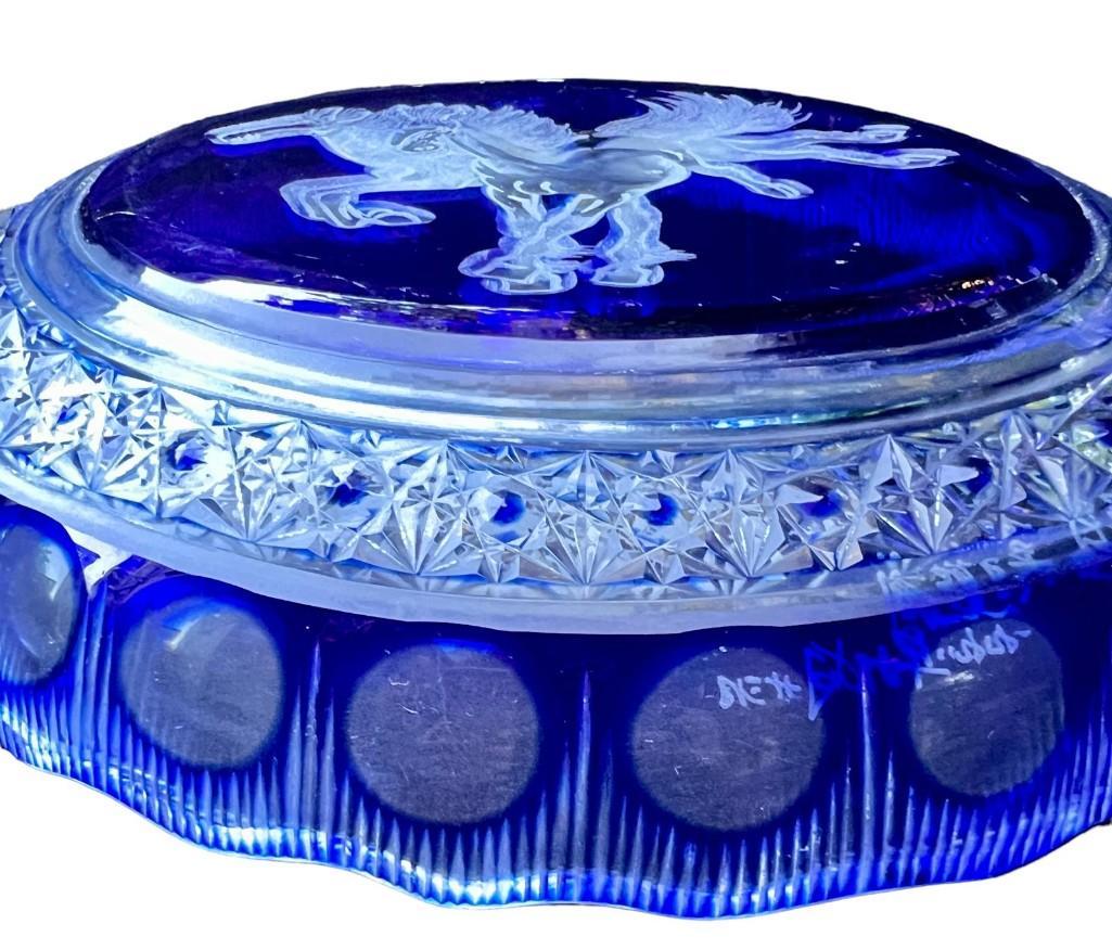 Bohemian Cobalt Blue Cut To Clear Round Display Plate with Horse Etching, Decorative Plate