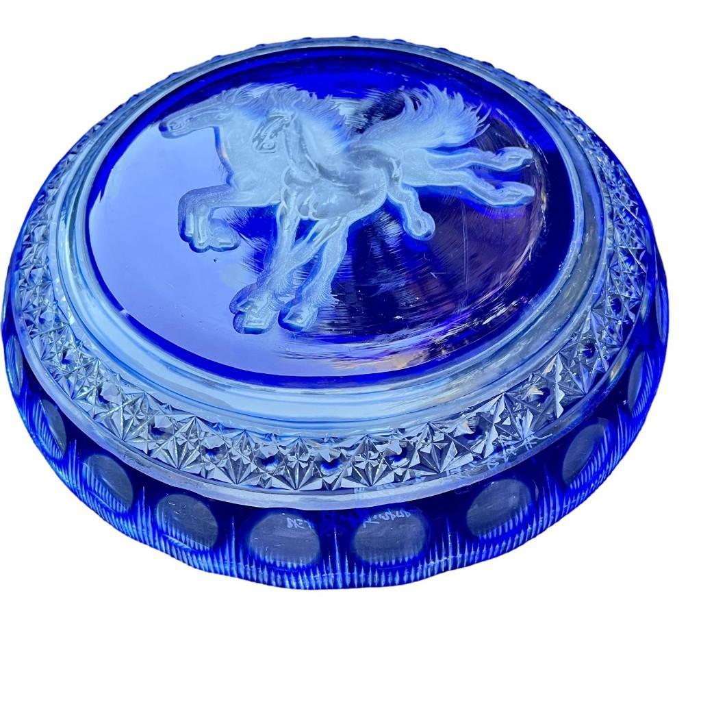 Bohemian Cobalt Blue Cut To Clear Round Display Plate with Horse Etching, Decorative Plate