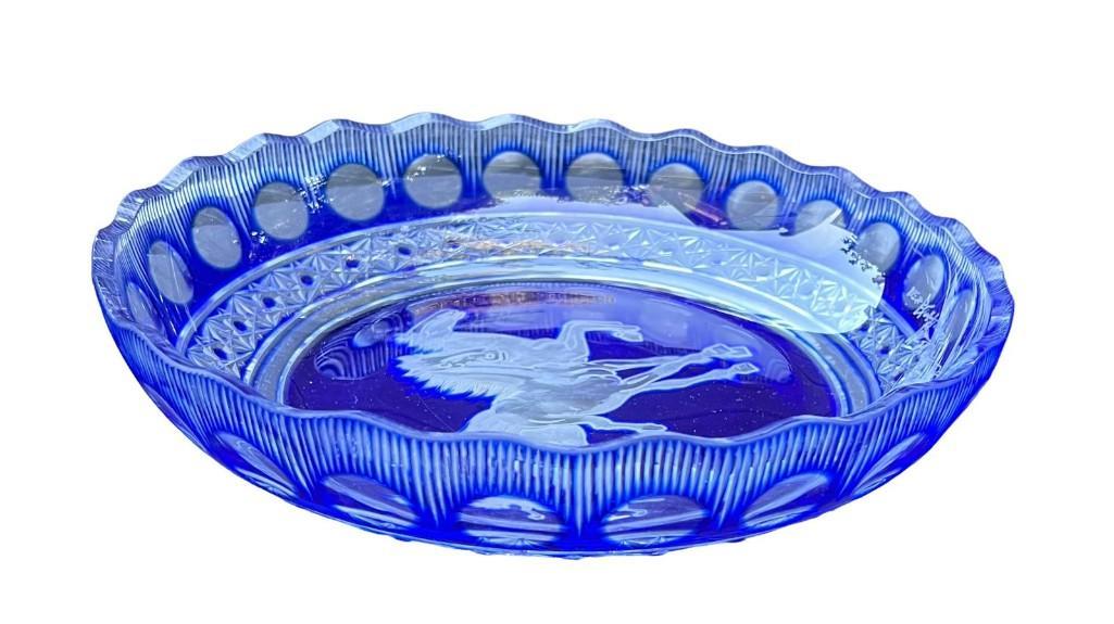 Bohemian Cobalt Blue Cut To Clear Round Display Plate with Horse Etching, Decorative Plate