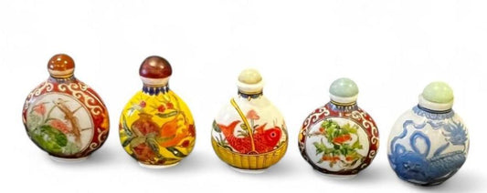 Fabulous Collection of 5 Snuff Bottles,  Set of 5 Assorted Hand Made, Asian Antiques, Decor, Gift