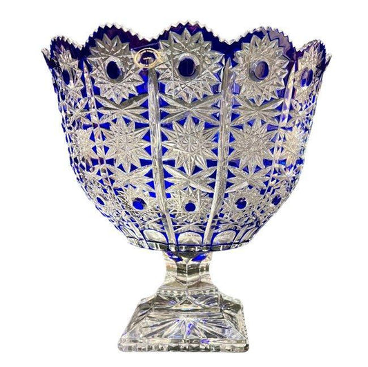 Hungarian Crystal Cobalt Cut to Clear Bohemian Crystal Queen Lace Pedestal Bowl