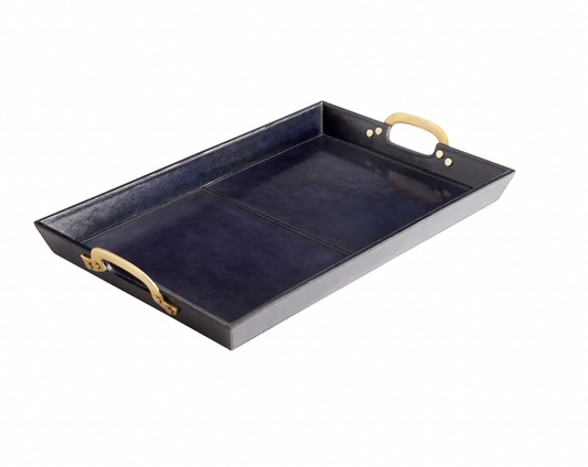 High End Luxury Navy Blue Leather Tray with Brass Handles, Manner of Ralph Lauren