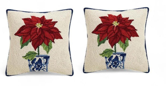 Pair of Wool Hook Decorative Accent Pillow Decor,  Holiday Poinsetta in Chinoiserie Blue and White Pot