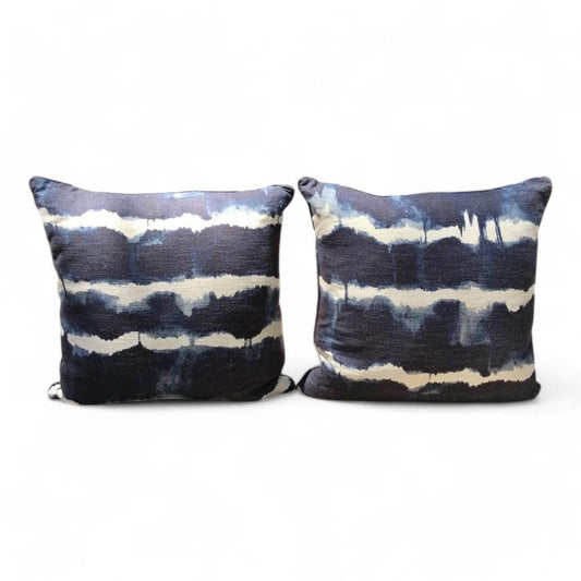 Pair of Kravet Custom Designer “Baturi" Indigo Linen/Cotton/Feather Pillows, Tie Dye Throw Pillow