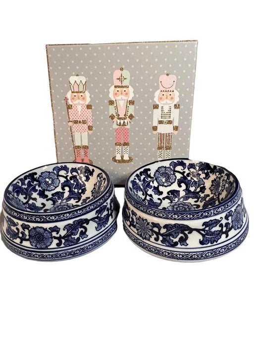 Pair of Chinoiserie Blue and White Ceramic Pet, Dog, Cat Feeding Bowls