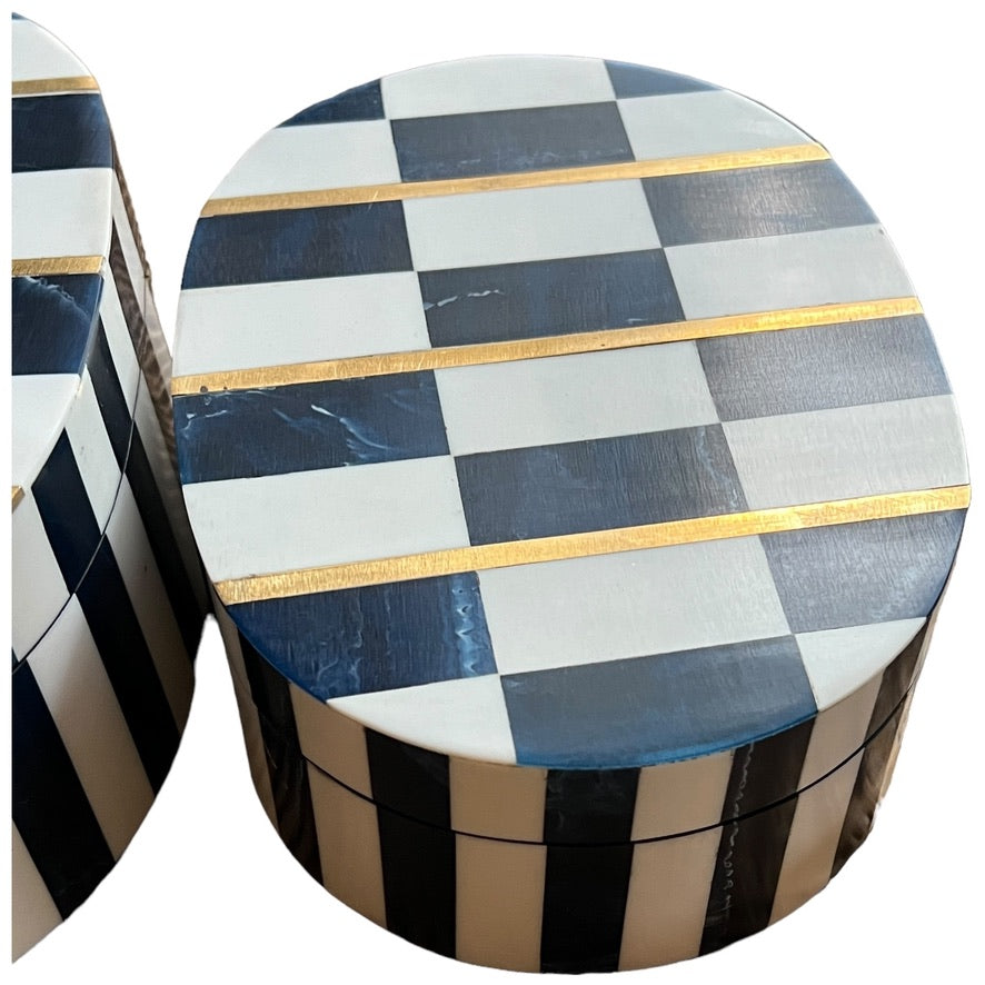 Chic Contrast: Navy Blue and White Bone Resin Boxes with Brass Accents