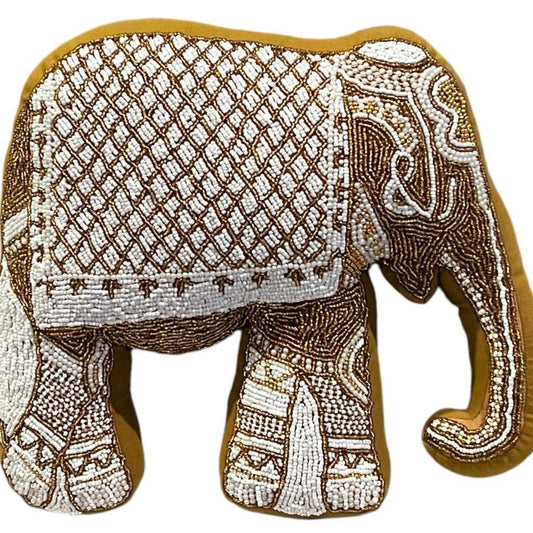 Mustard Velvet Elephant Hand-Beaded Embroidered Decorative Pillow