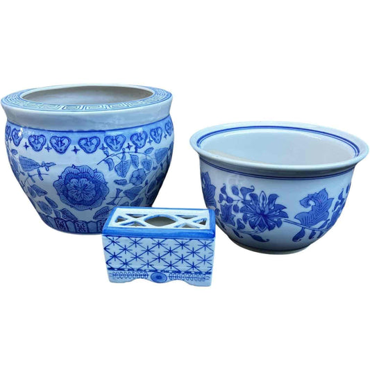 Grouping of 3 Blue and White Chinoiserie Planters