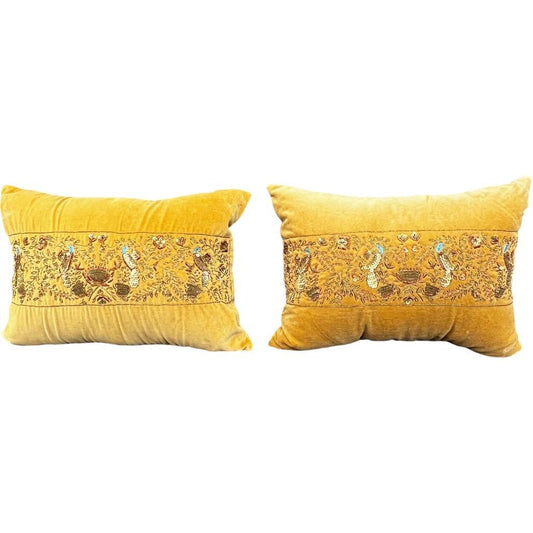 Pair of Yellow Velvet Hand Beaded Embroidered Decorative Throw Pillows