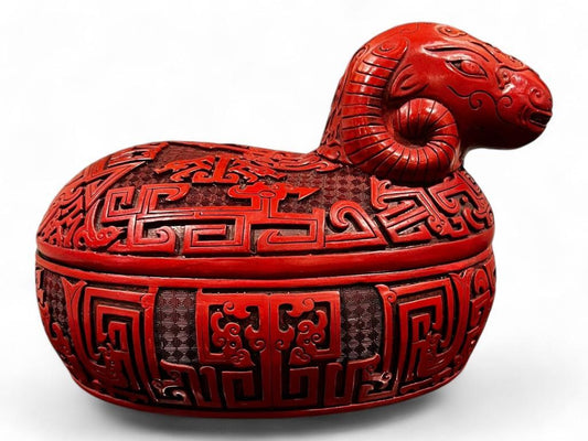 Chinese Cinnabar Lacquer Style Ram Form Oval Box