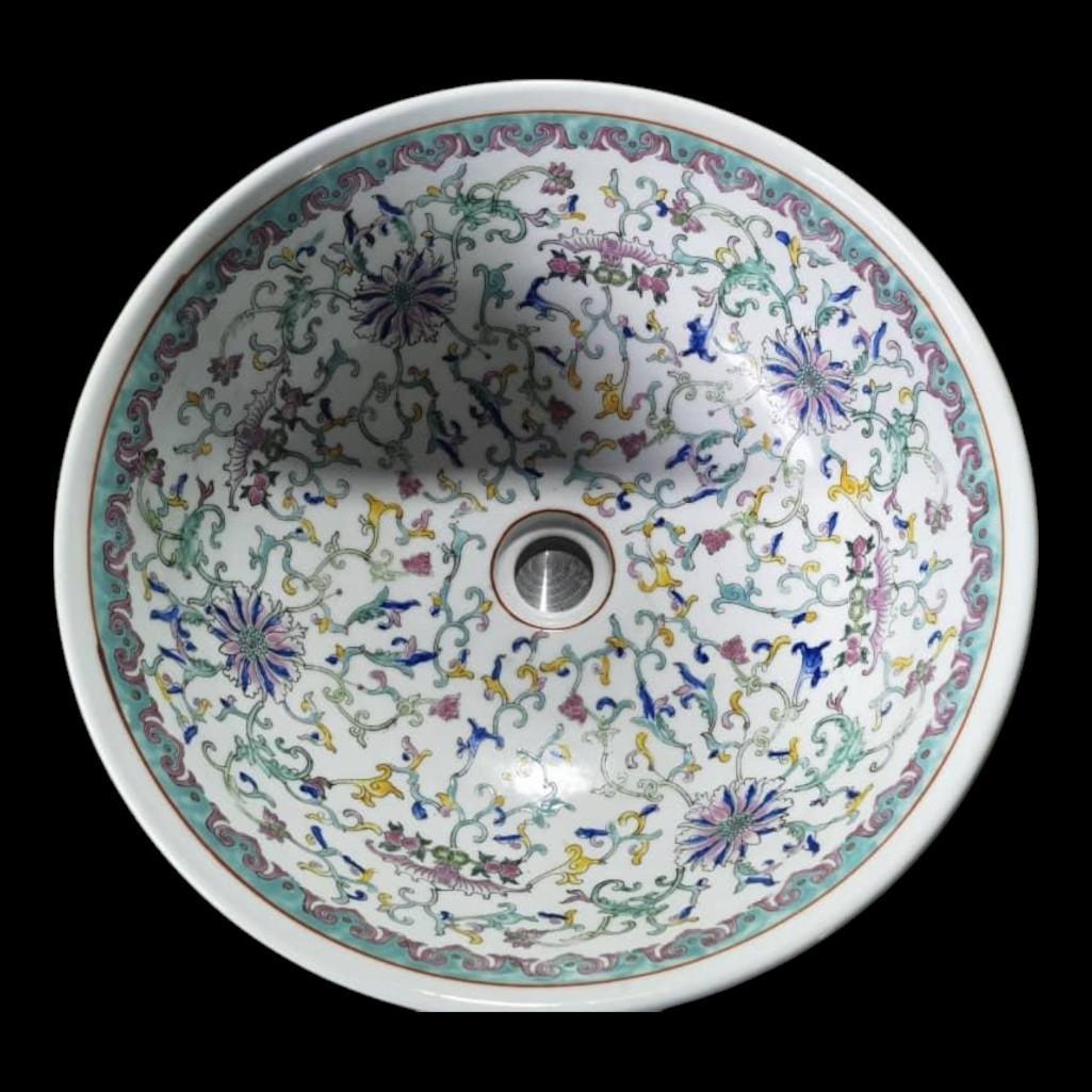 Chinese Hand Painted European Inspired Ceramic Wash Basin - White Floral Motif