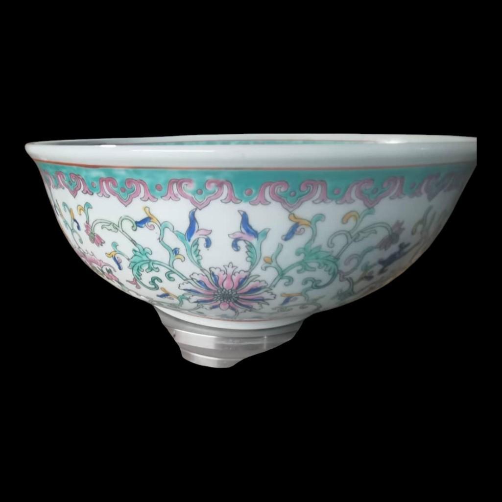 Chinese Hand Painted European Inspired Ceramic Wash Basin - White Floral Motif