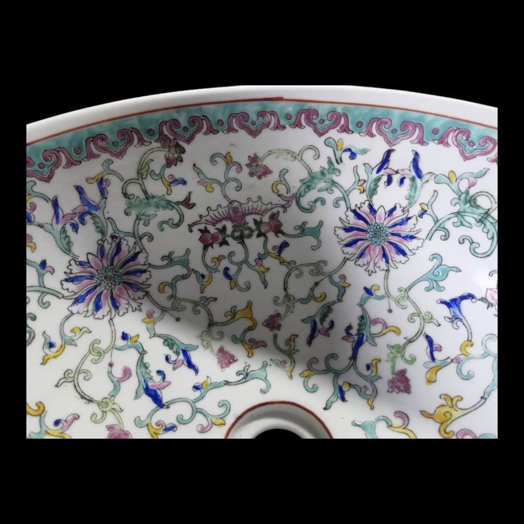 Chinese Hand Painted European Inspired Ceramic Wash Basin - White Floral Motif