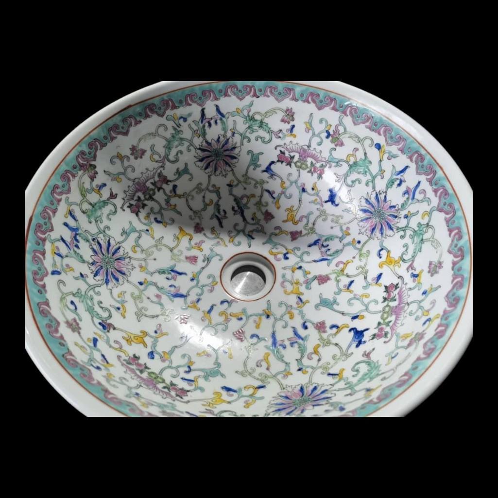 Chinese Hand Painted European Inspired Ceramic Wash Basin - White Floral Motif