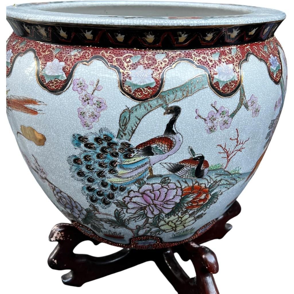 Asian Porcelain Fishbowl Flower Pot Planter With Wooden Stand