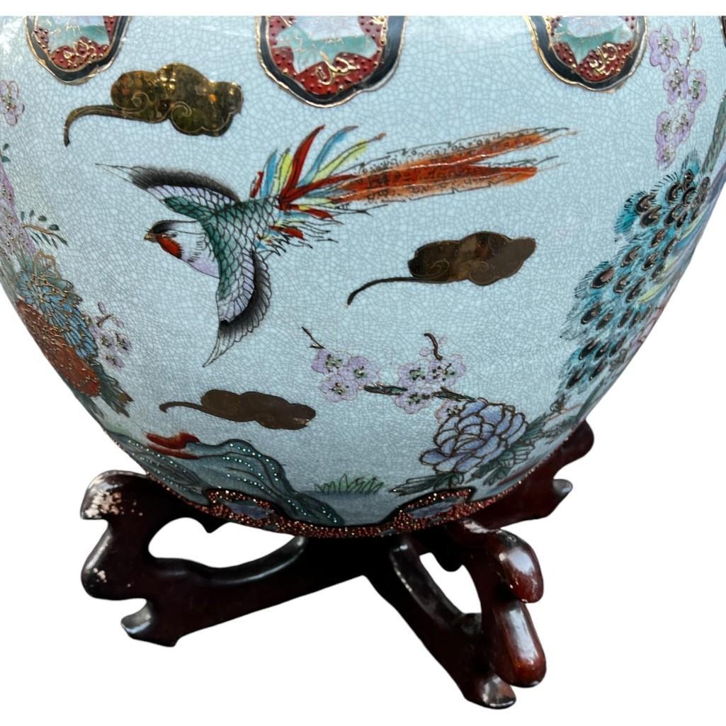 Asian Porcelain Fishbowl Flower Pot Planter With Wooden Stand