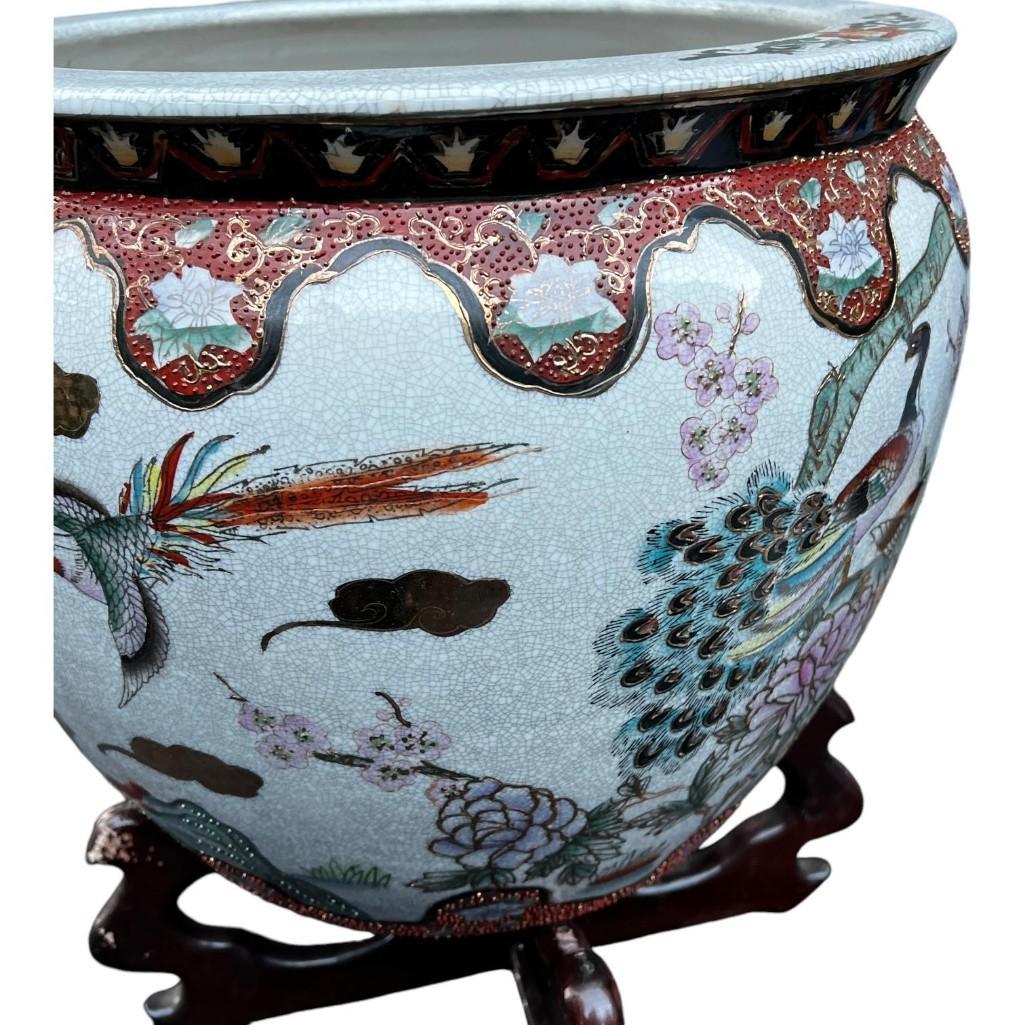 Asian Porcelain Fishbowl Flower Pot Planter With Wooden Stand