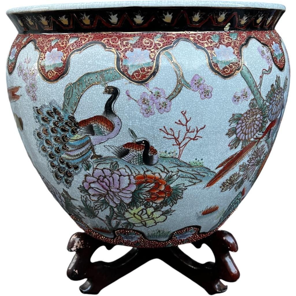 Asian Porcelain Fishbowl Flower Pot Planter With Wooden Stand