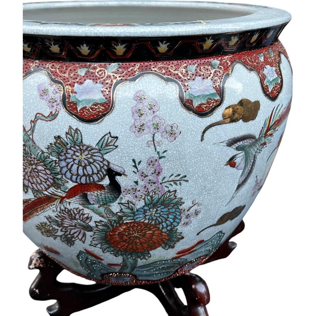 Asian Porcelain Fishbowl Flower Pot Planter With Wooden Stand