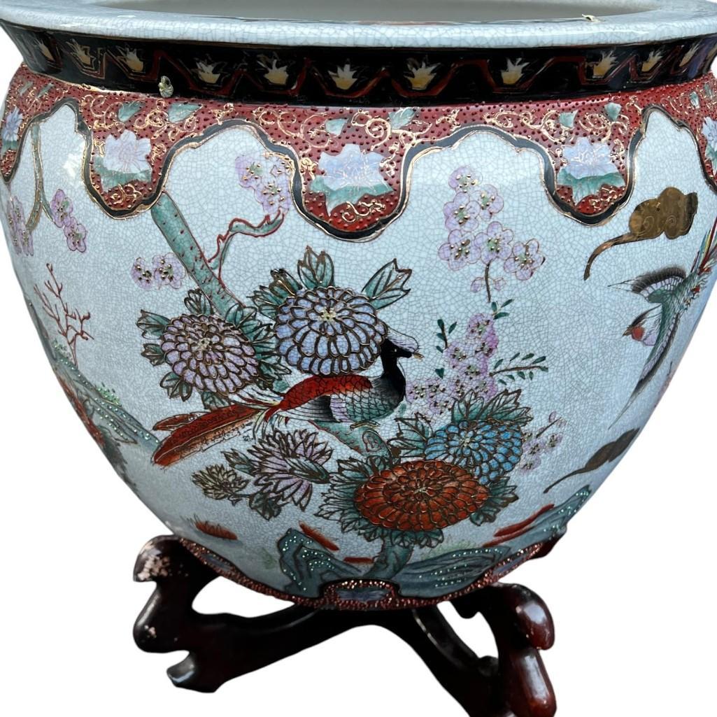 Asian Porcelain Fishbowl Flower Pot Planter With Wooden Stand