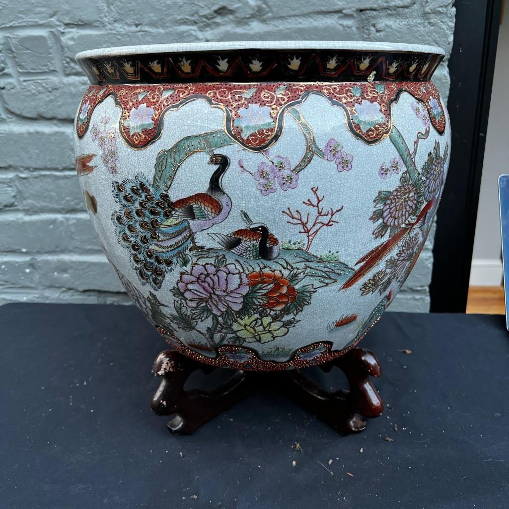 Asian Porcelain Fishbowl Flower Pot Planter With Wooden Stand