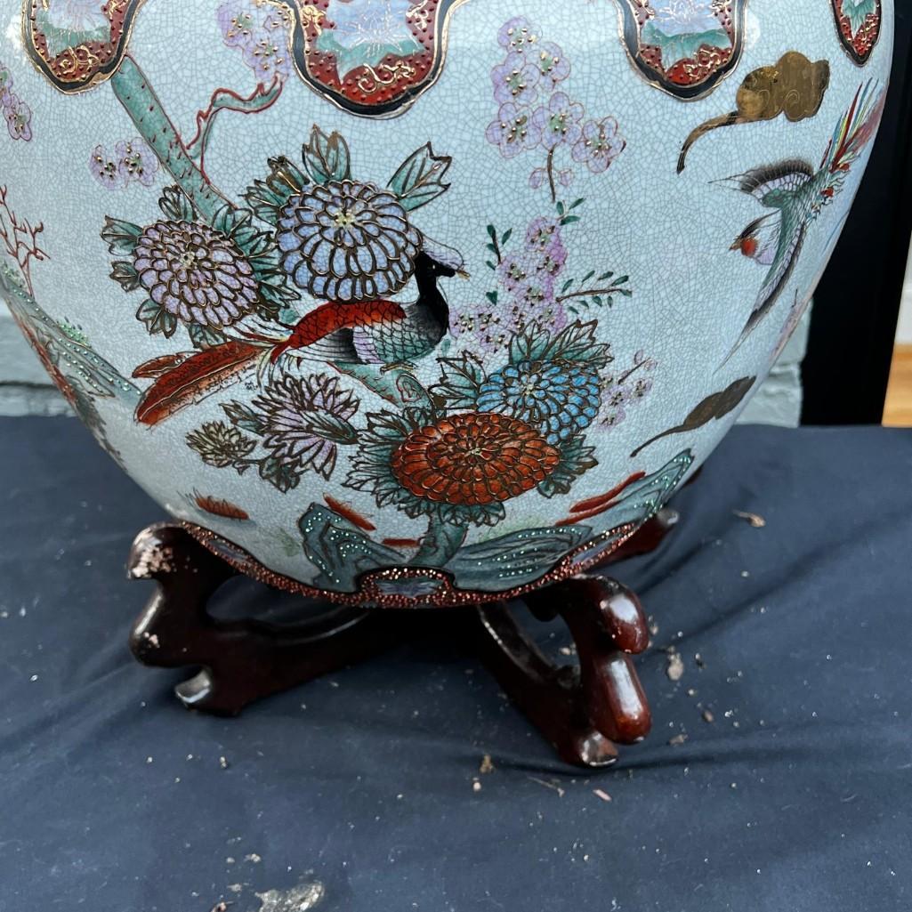 Asian Porcelain Fishbowl Flower Pot Planter With Wooden Stand