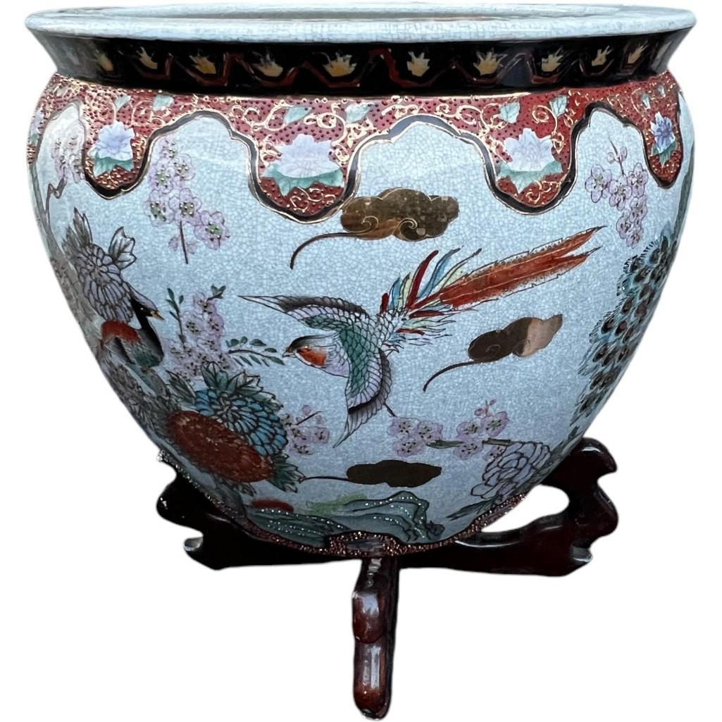 Asian Porcelain Fishbowl Flower Pot Planter With Wooden Stand