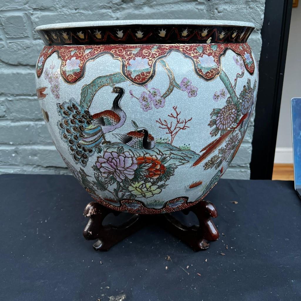 Asian Porcelain Fishbowl Flower Pot Planter With Wooden Stand