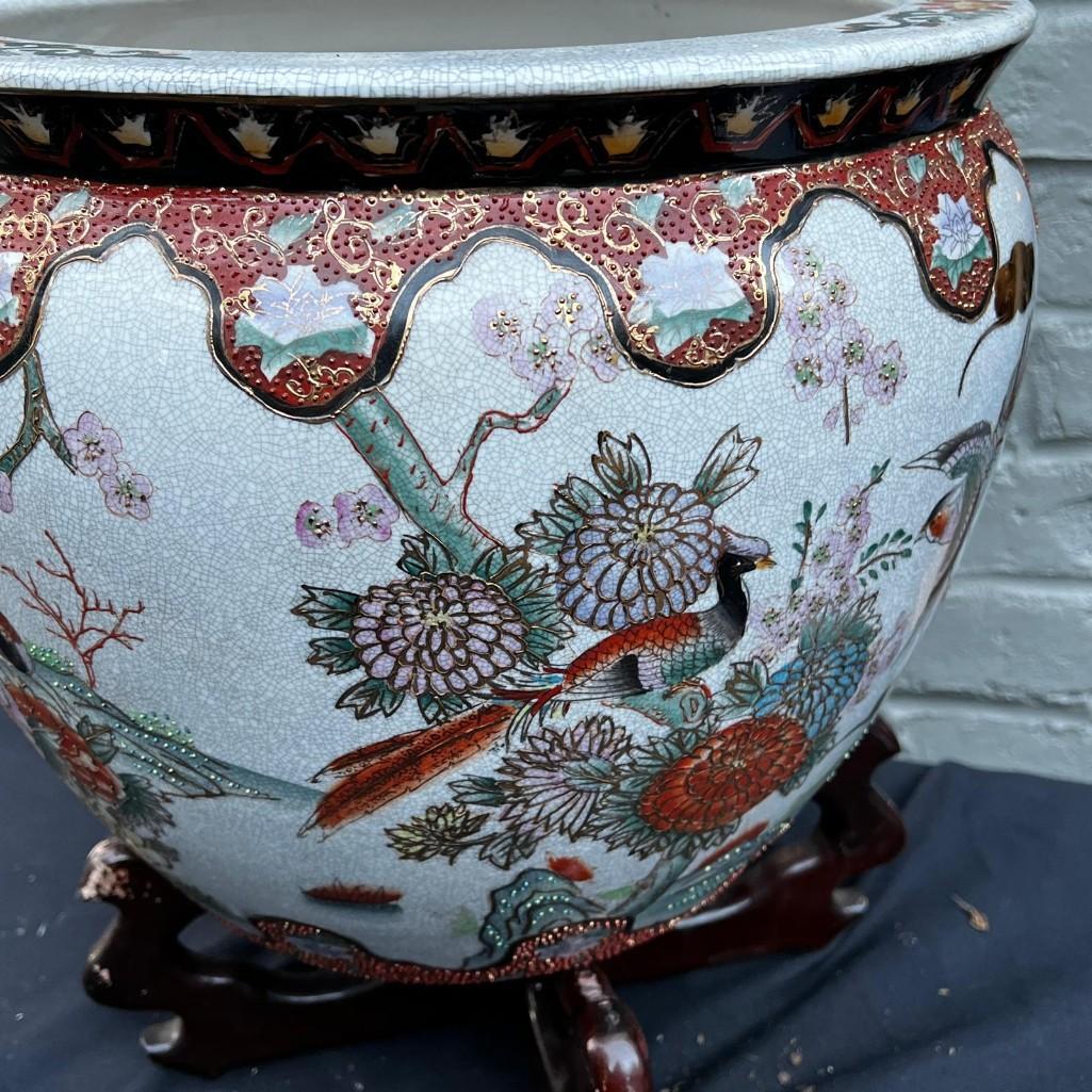 Asian Porcelain Fishbowl Flower Pot Planter With Wooden Stand