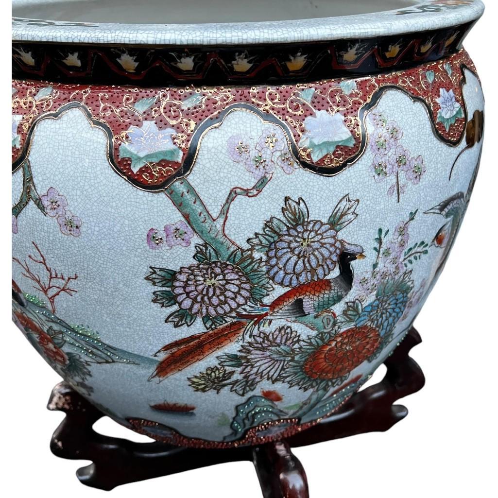 Asian Porcelain Fishbowl Flower Pot Planter With Wooden Stand