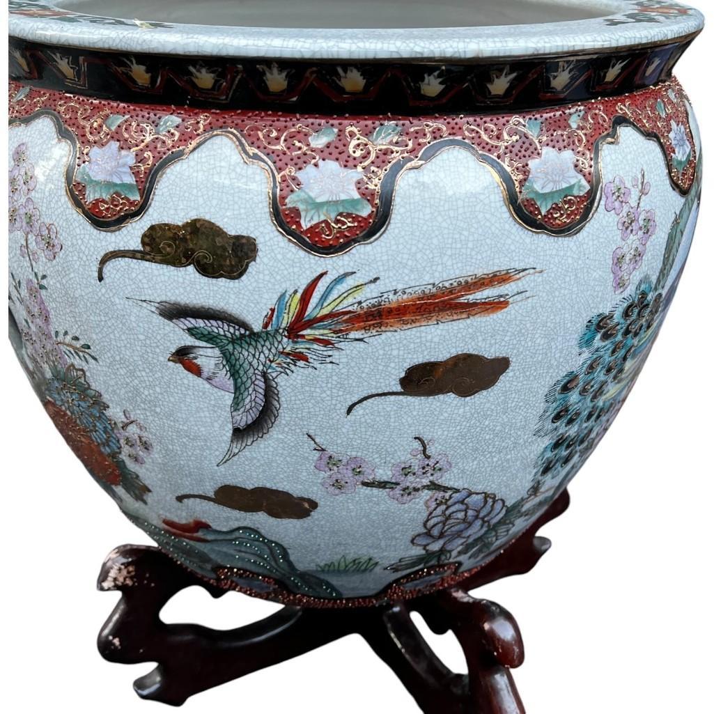 Asian Porcelain Fishbowl Flower Pot Planter With Wooden Stand